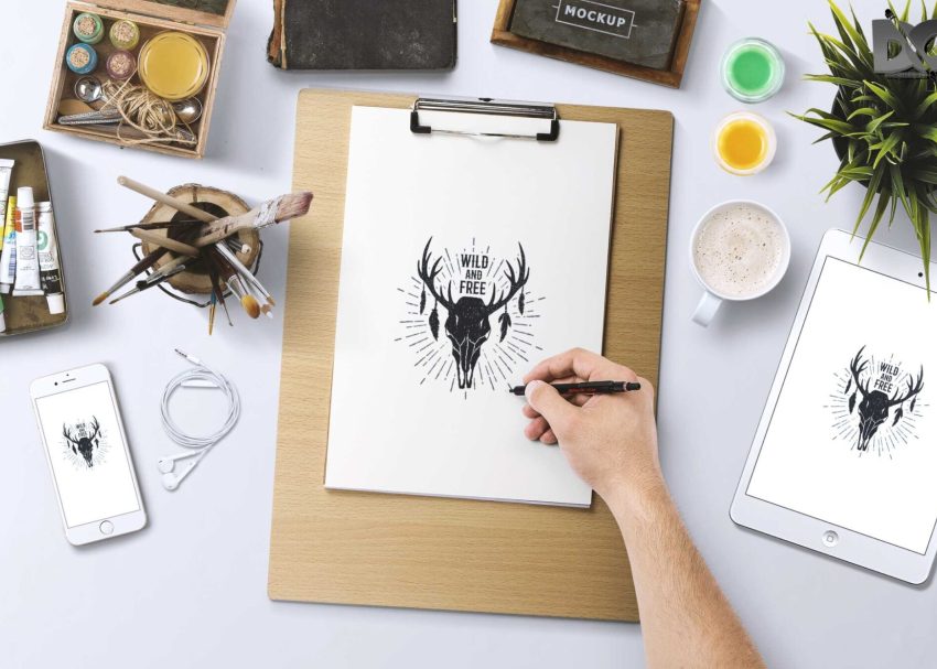 Free PSD Mockups 5 Artwork Scene Mockup