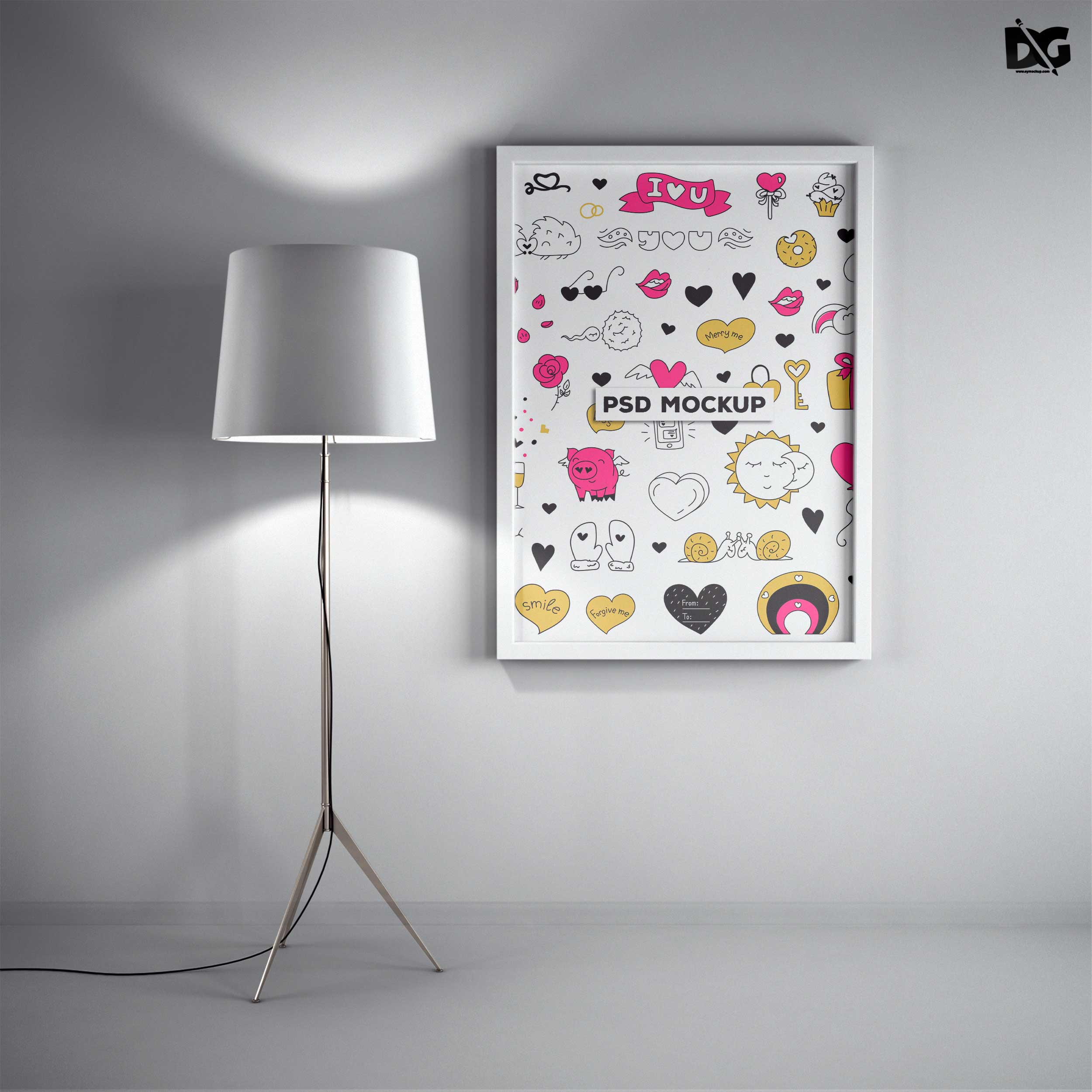 Free White Wall Poster Colorful Design PSD Mockups