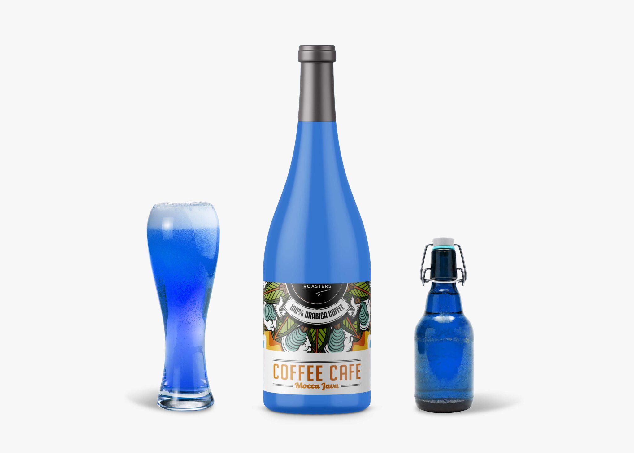 Blue Coffee Beans Wine Bottle Label Mockup