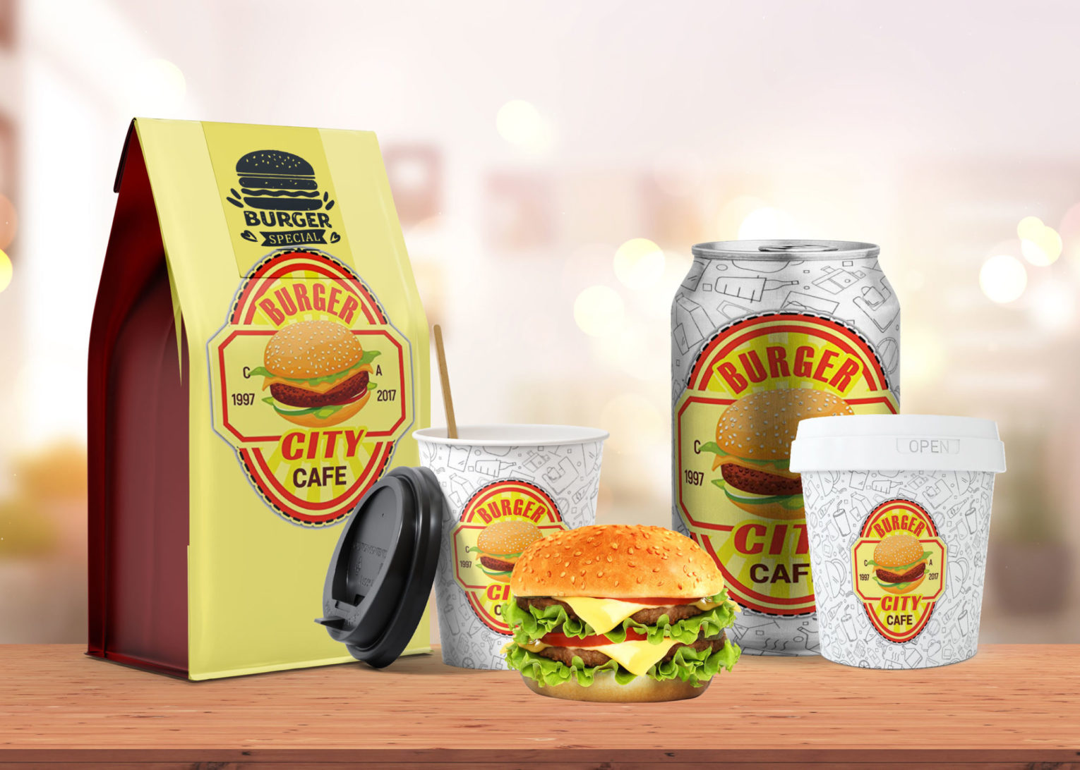 City Cafe Burger Special Packaging Combo Mockup