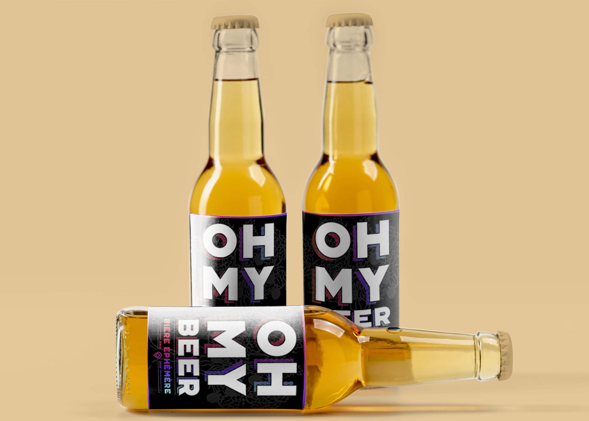 Free Three Beer Bottle Mockup